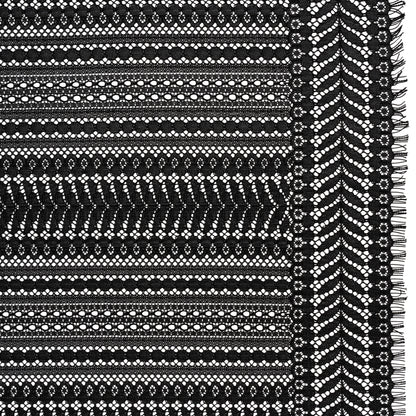 Luminous Corded Lace Panel with Finished Fringed Edges - Black Dot and Leaf Stripes