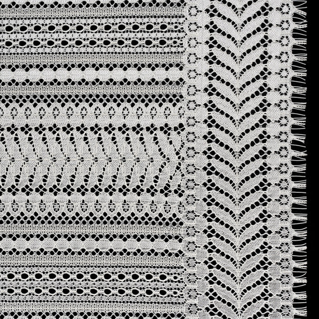 Luminous Corded Lace Panel with Finished Fringed Edges - Ivory Dot and Leaf Stripes