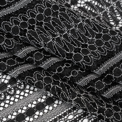 Luminous Corded Lace Panel with Finished Fringed Edges - Black and White Dot and Leaf Stripes