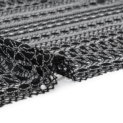 Luminous Corded Lace Panel with Finished Fringed Edges - Black and White Dot and Leaf Stripes