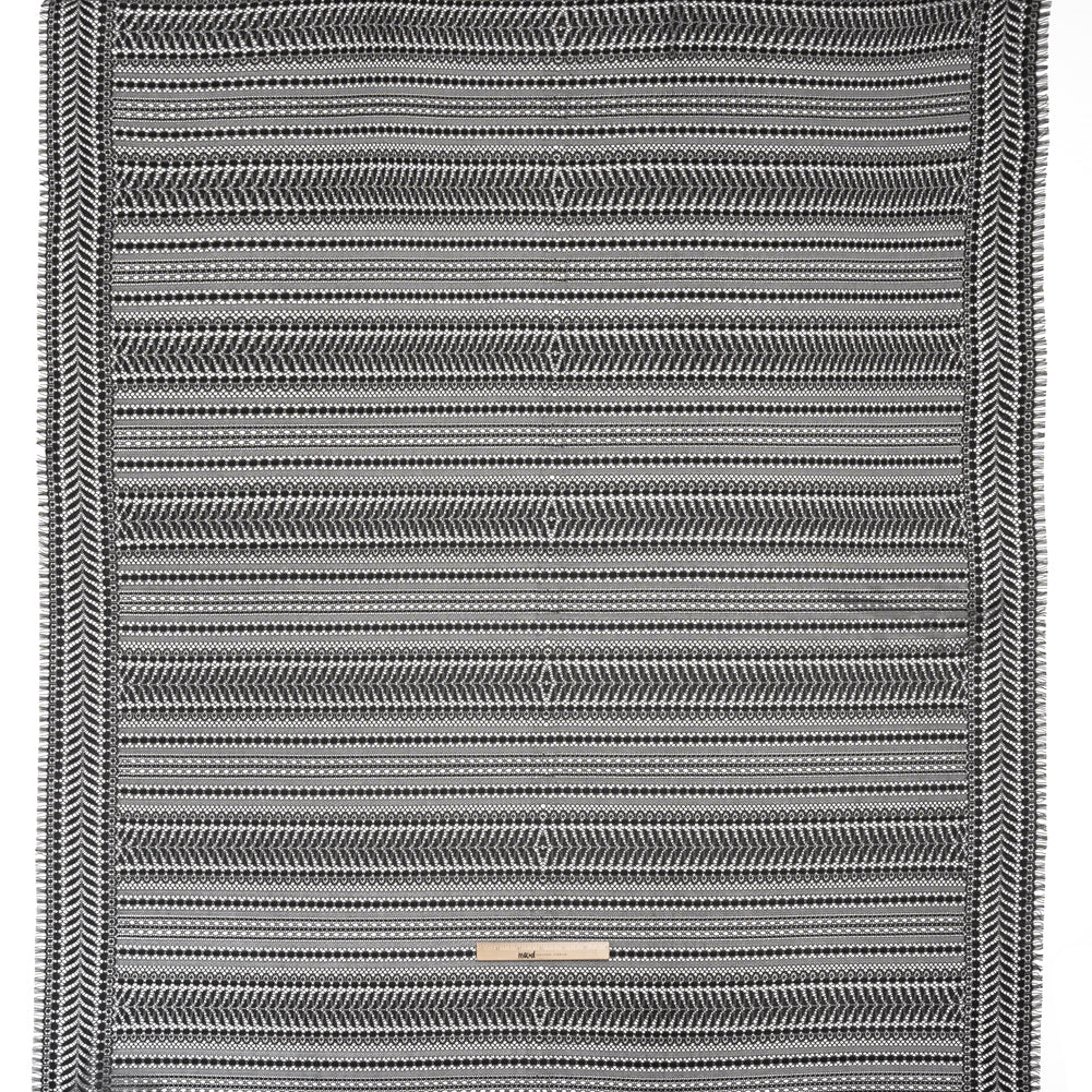 Luminous Corded Lace Panel with Finished Fringed Edges - Black and White Dot and Leaf Stripes - Full
