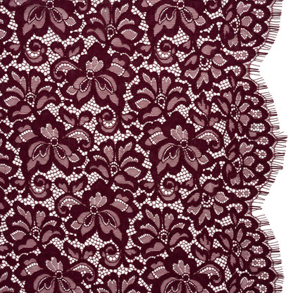 Corded Lace Panel with Petal Scalloped And Fringed Edges - Burgundy Floral