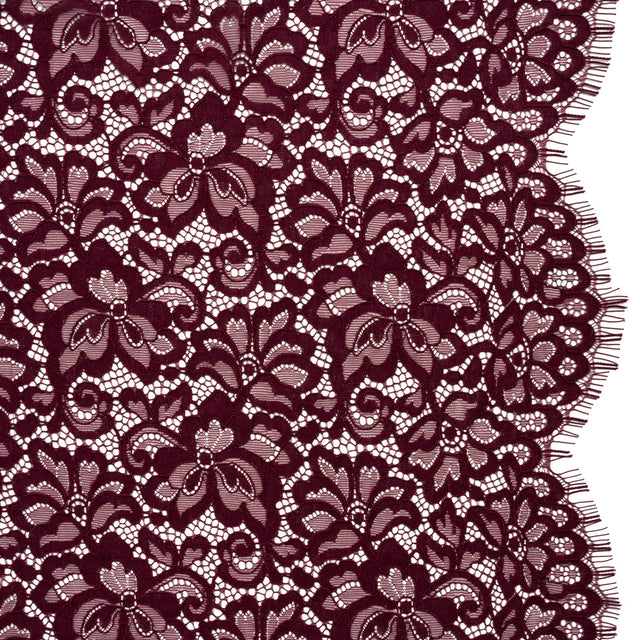 Corded Lace Panel with Petal Scalloped And Fringed Edges - Burgundy Floral