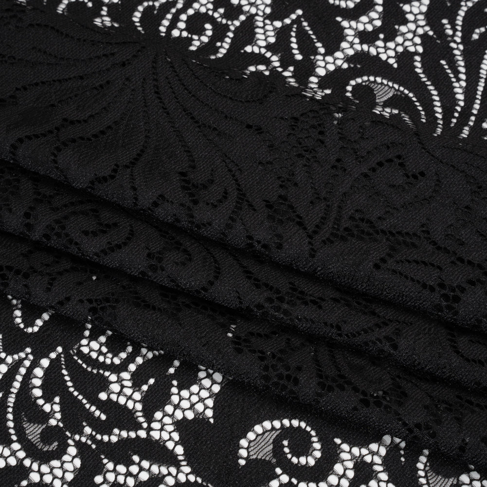 Raschel Lace Panel with Scalloped Finished Edges - Black Ornamental Floral