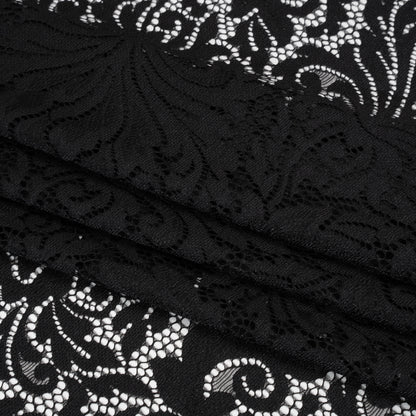 Raschel Lace Panel with Scalloped Finished Edges - Black Ornamental Floral
