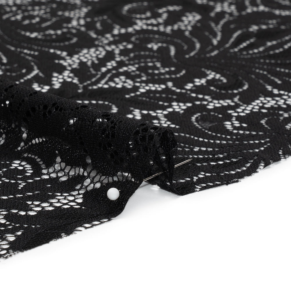 Raschel Lace Panel with Scalloped Finished Edges - Black Ornamental Floral
