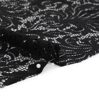 Raschel Lace Panel with Scalloped Finished Edges - Black Ornamental Floral