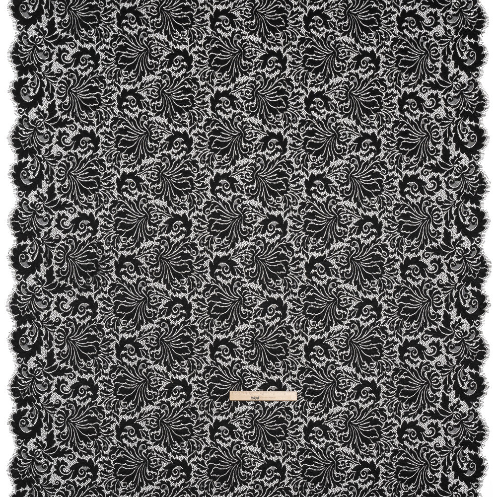 Raschel Lace Panel with Scalloped Finished Edges - Black Ornamental Floral