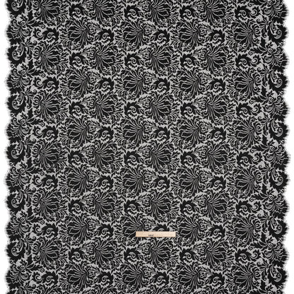 Raschel Lace Panel with Scalloped Finished Edges - Black Ornamental Floral
