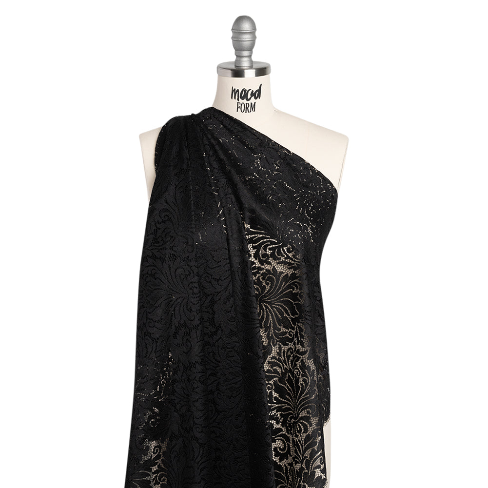 Raschel Lace Panel with Scalloped Finished Edges - Black Ornamental Floral