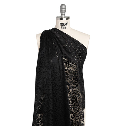 Raschel Lace Panel with Scalloped Finished Edges - Black Ornamental Floral