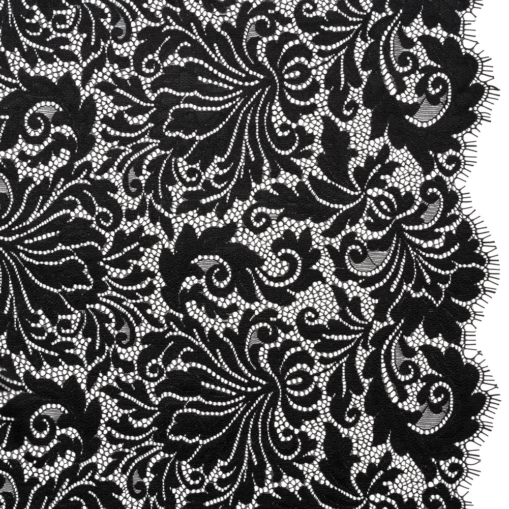 Raschel Lace Panel with Scalloped Finished Edges - Black Ornamental Floral