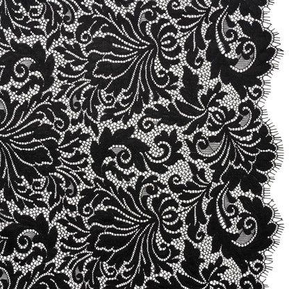 Raschel Lace Panel with Scalloped Finished Edges - Black Ornamental Floral