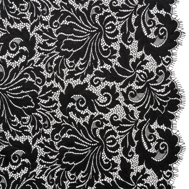 Raschel Lace Panel with Scalloped Finished Edges - Black Ornamental Floral