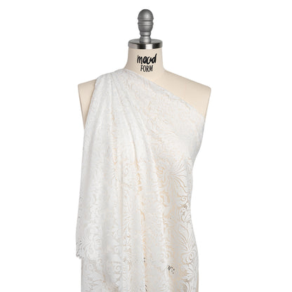 Raschel Lace Panel with Scalloped Finished Edges - Ivory Ornamental Floral