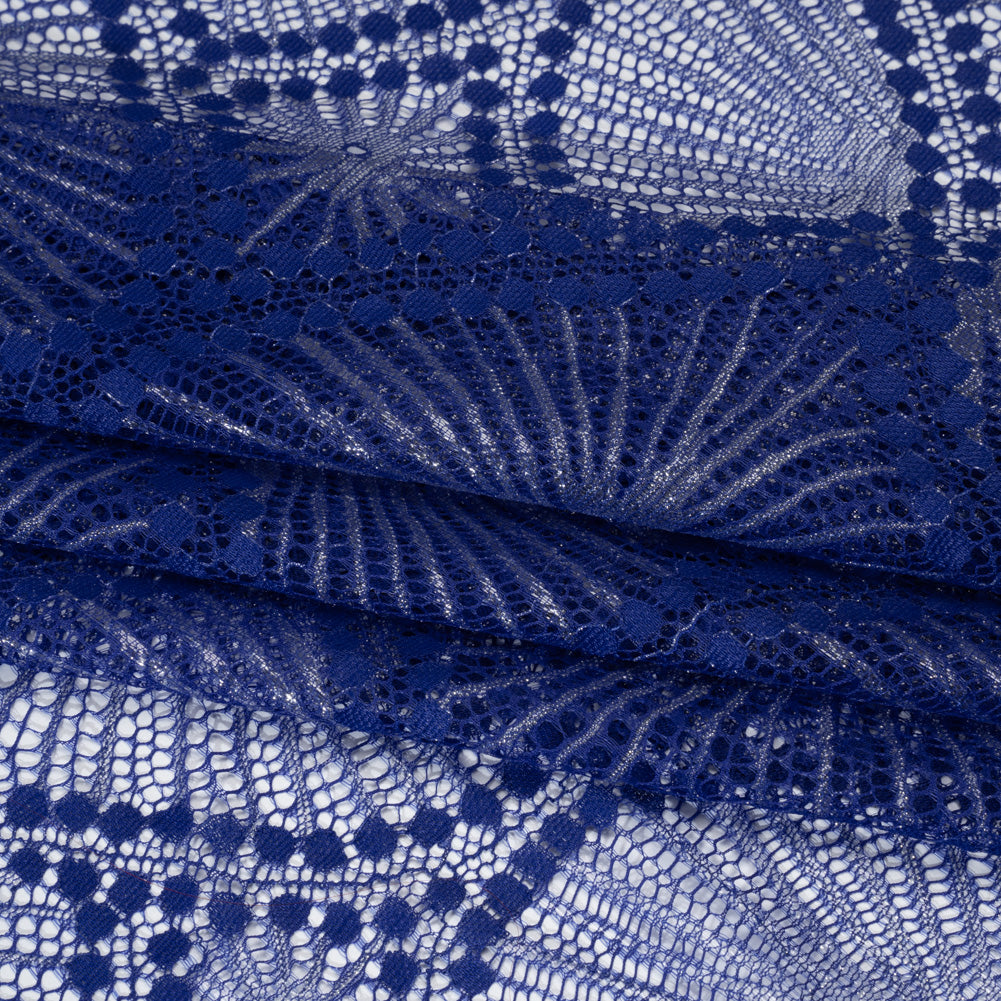 Metallic Raschel Lace Panel with Finished Edges - Electric Blue and Silver Sun Ray Ogees - Folded