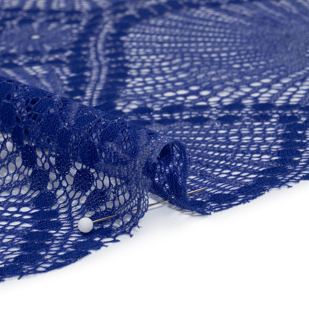 Metallic Raschel Lace Panel with Finished Edges - Electric Blue and Silver Sun Ray Ogees - Detail