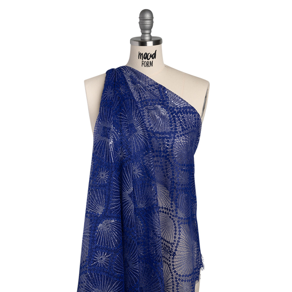 Metallic Raschel Lace Panel with Finished Edges - Electric Blue and Silver Sun Ray Ogees - Drape