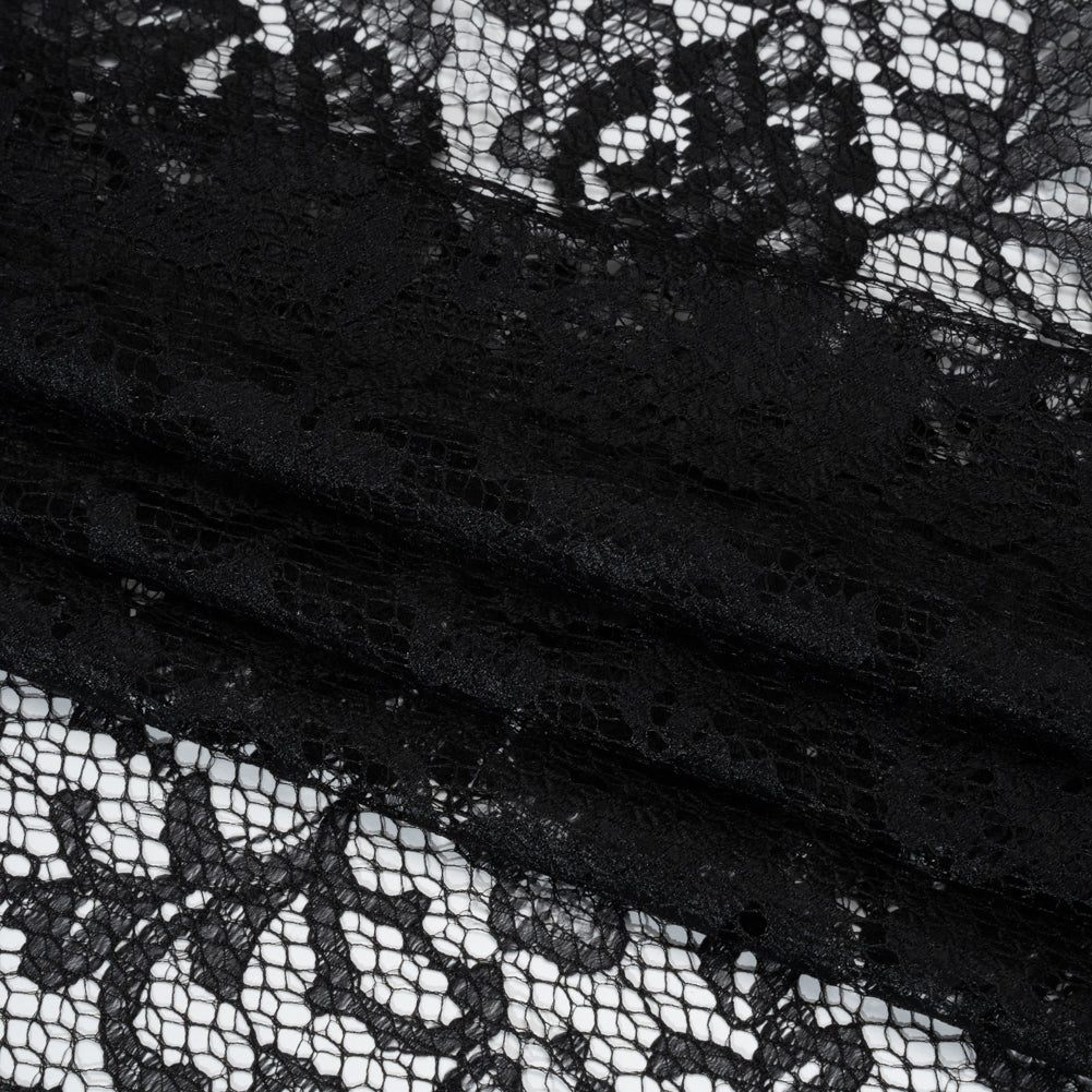 Raschel Lace with Finished Edges - Black Flowers and Leaves