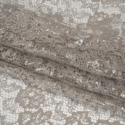 Metallic Raschel Lace with Finished Edges - Sandstone Gray and Silver Flowers and Leaves