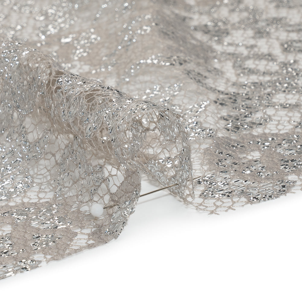 Metallic Raschel Lace with Finished Edges - Sandstone Gray and Silver Flowers and Leaves