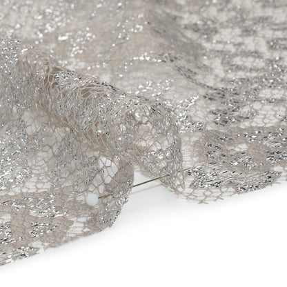 Metallic Raschel Lace with Finished Edges - Sandstone Gray and Silver Flowers and Leaves
