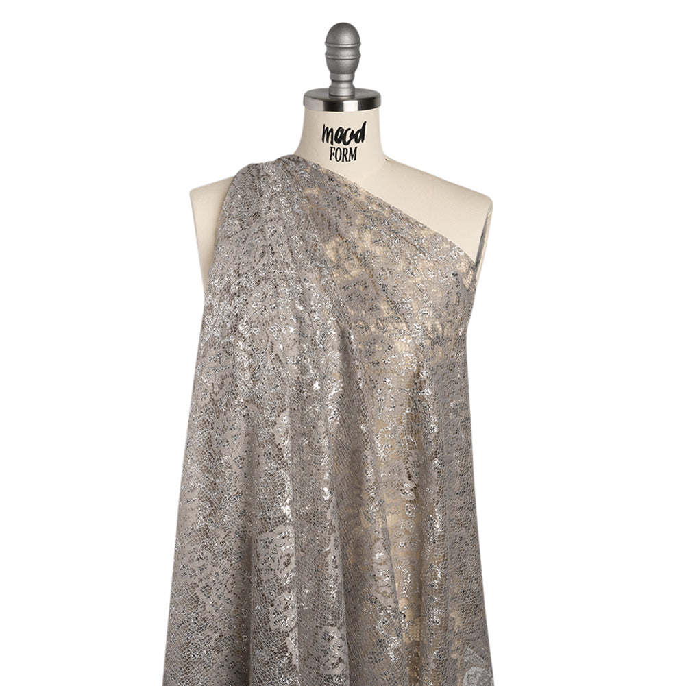 Metallic Raschel Lace with Finished Edges - Sandstone Gray and Silver Flowers and Leaves