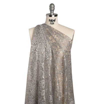 Metallic Raschel Lace with Finished Edges - Sandstone Gray and Silver Flowers and Leaves