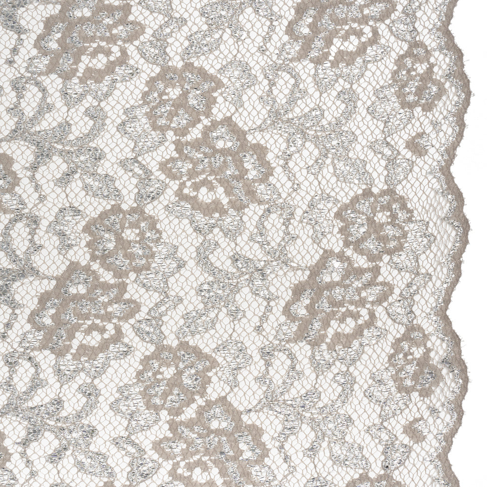 Metallic Raschel Lace with Finished Edges - Sandstone Gray and Silver Flowers and Leaves
