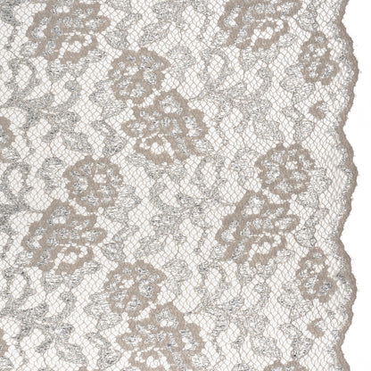 Metallic Raschel Lace with Finished Edges - Sandstone Gray and Silver Flowers and Leaves