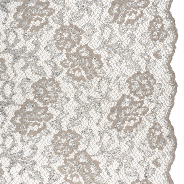 Metallic Raschel Lace with Finished Edges - Sandstone Gray and Silver Flowers and Leaves