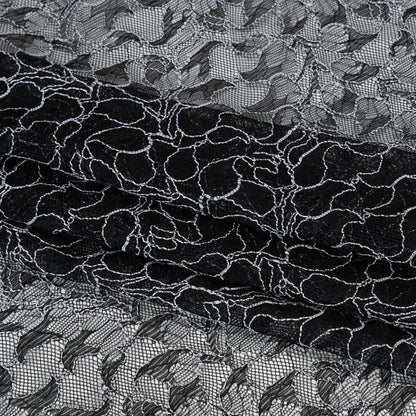 Corded Raschel Lace Panel with Finished Edges - Black and White Outlined Leaves