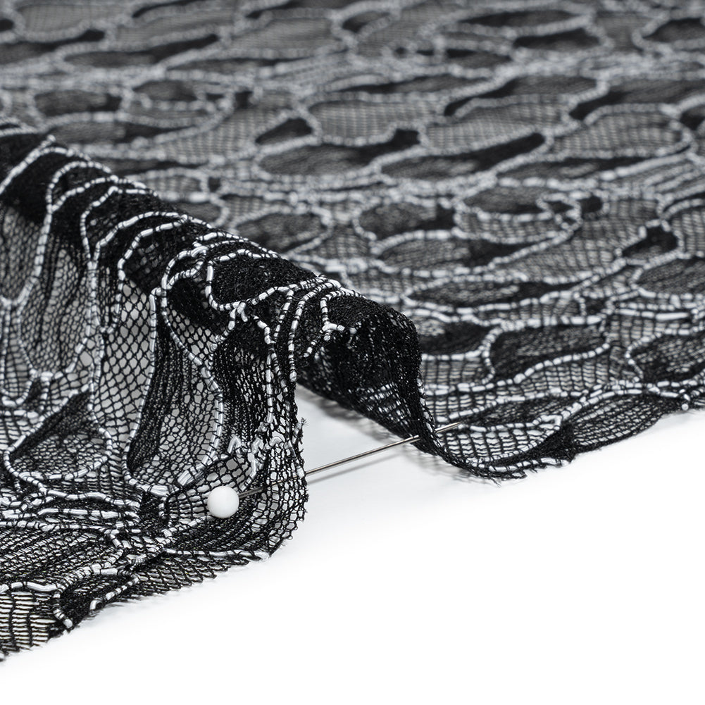 Corded Raschel Lace Panel with Finished Edges - Black and White Outlined Leaves - Detail