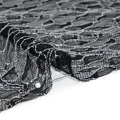Corded Raschel Lace Panel with Finished Edges - Black and White Outlined Leaves