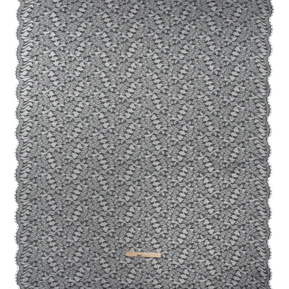 Corded Raschel Lace Panel with Finished Edges - Black and White Outlined Leaves