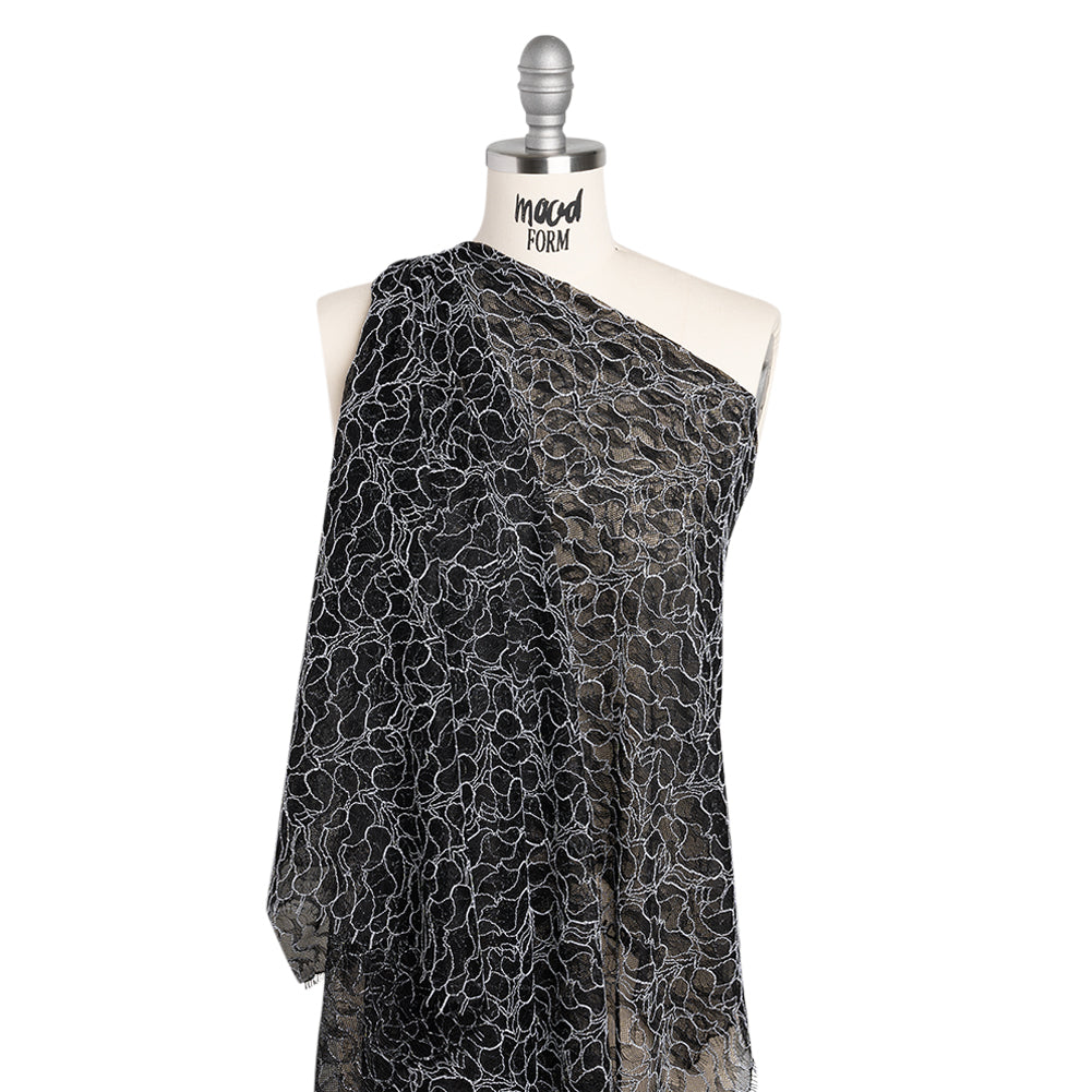 Corded Raschel Lace Panel with Finished Edges - Black and White Outlined Leaves - Drape