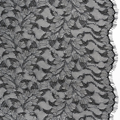 Corded Raschel Lace Panel with Finished Edges - Black and White Outlined Leaves