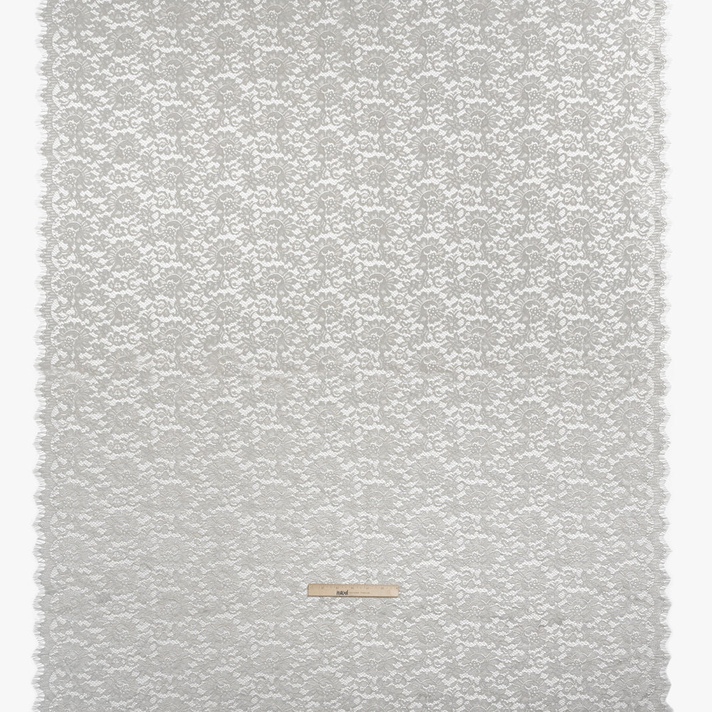 Luminous Delicate Raschel Lace Panel with Finished Edges - Sandstone Gray and Silver Blooming Flowers and Leaves