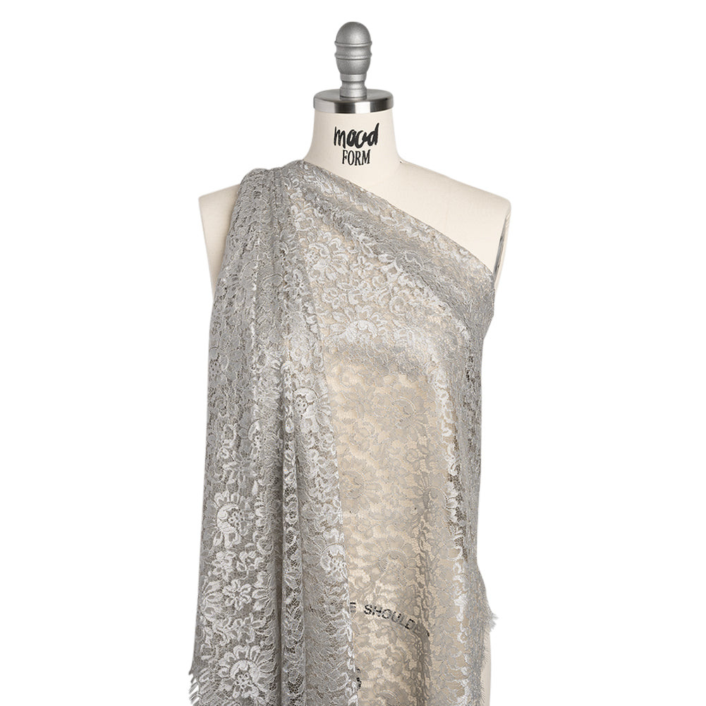 Luminous Delicate Raschel Lace Panel with Finished Edges - Sandstone Gray and Silver Blooming Flowers and Leaves