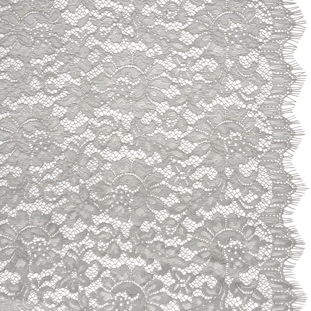 Luminous Delicate Raschel Lace Panel with Finished Edges - Sandstone Gray and Silver Blooming Flowers and Leaves
