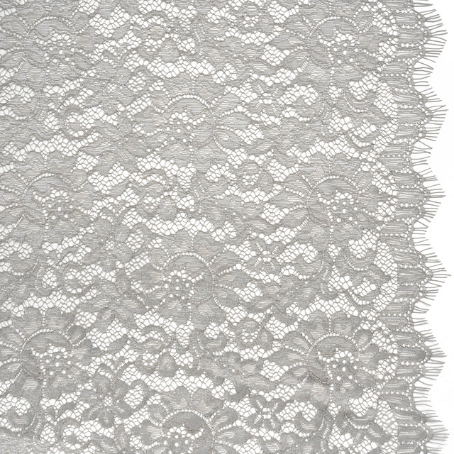 Luminous Delicate Raschel Lace Panel with Finished Edges - Sandstone Gray and Silver Blooming Flowers and Leaves
