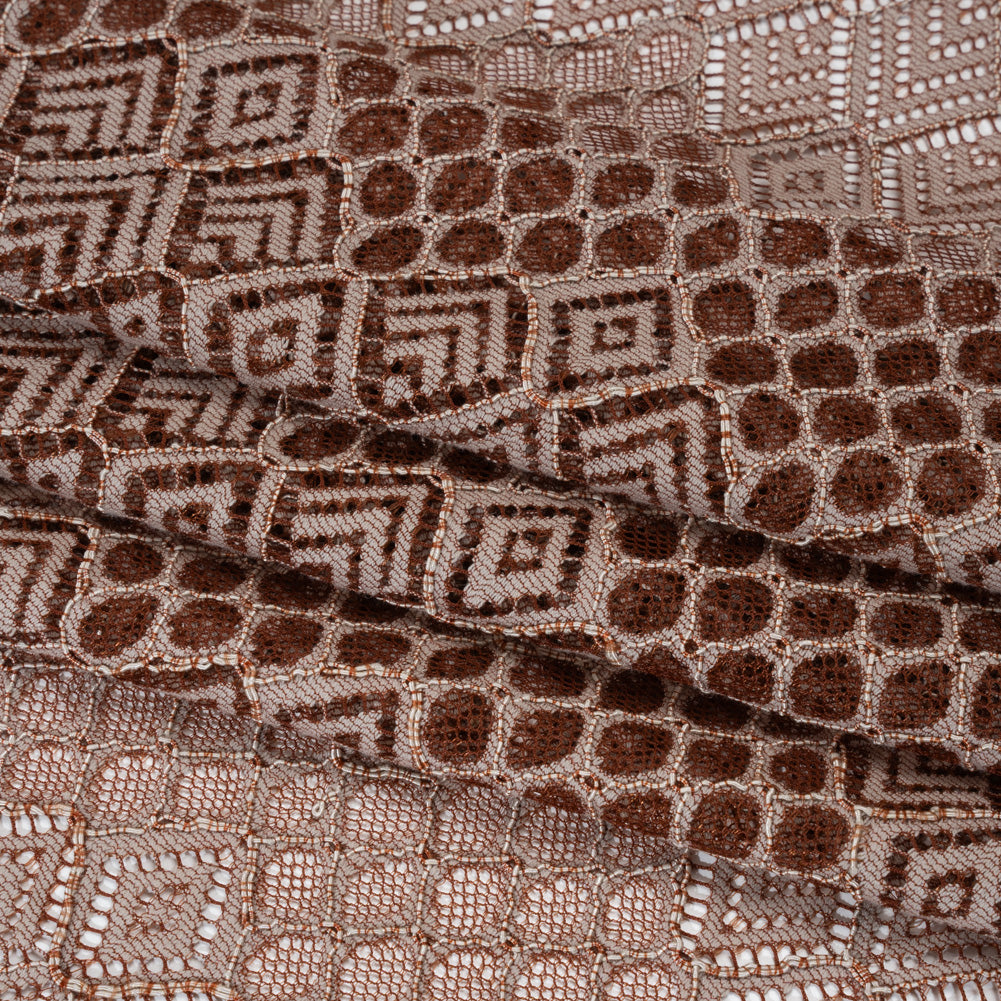 Corded Lace with Finished Edges - Maroon and Taupe Decorated Diamond Stripes
