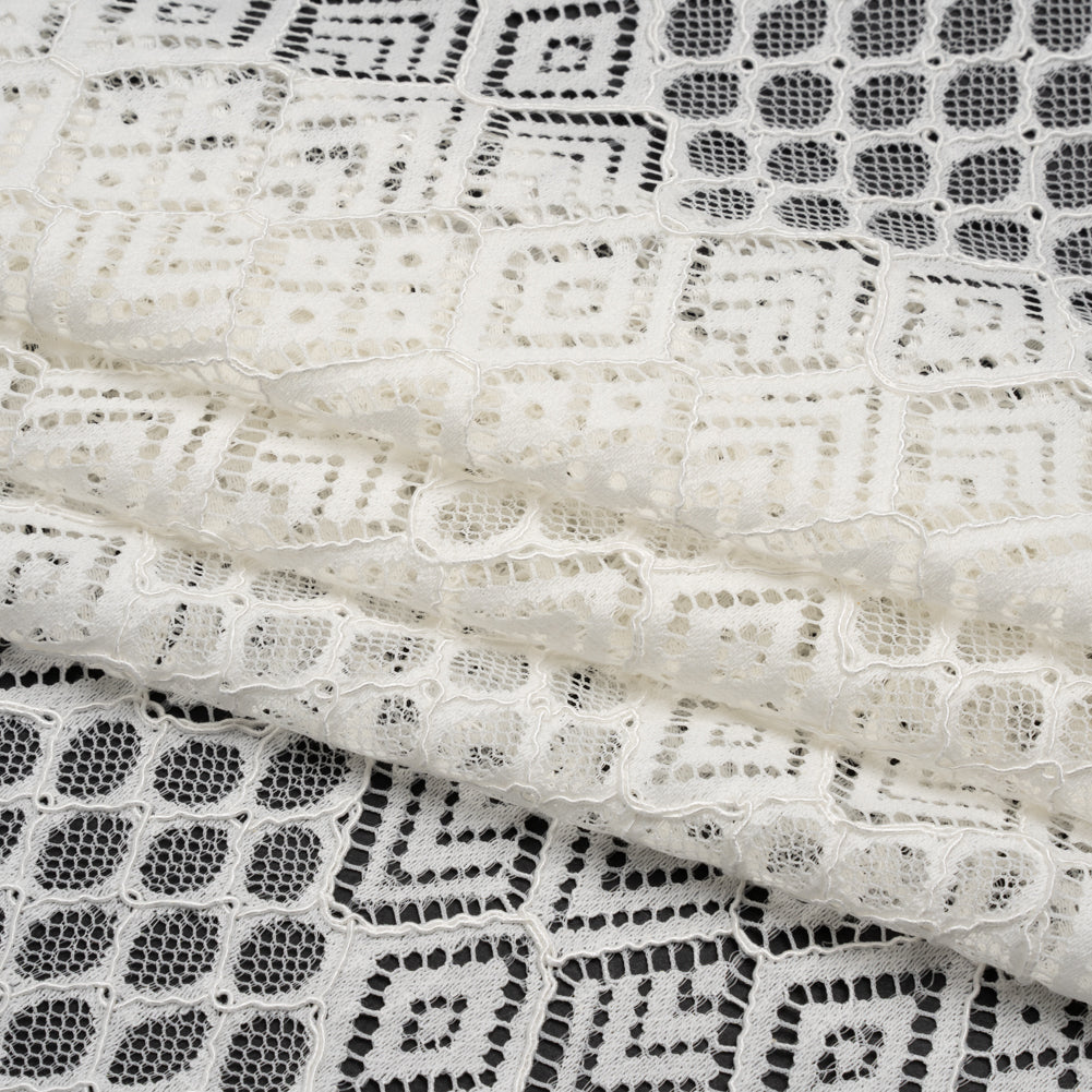 Corded Lace with Finished Edges - Ivory Decorated Diamond Stripes