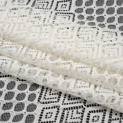 Corded Lace with Finished Edges - Ivory Decorated Diamond Stripes