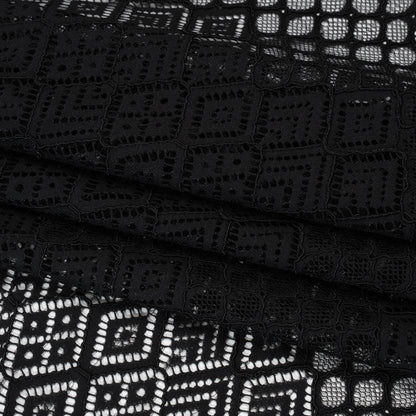 Corded Lace with Finished Edges - Black Decorated Diamond Stripes