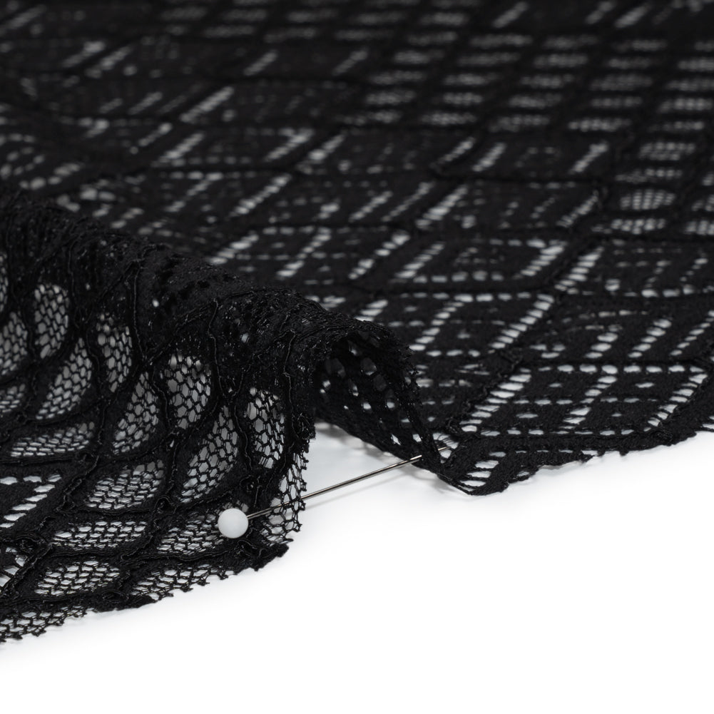Corded Lace with Finished Edges - Black Decorated Diamond Stripes