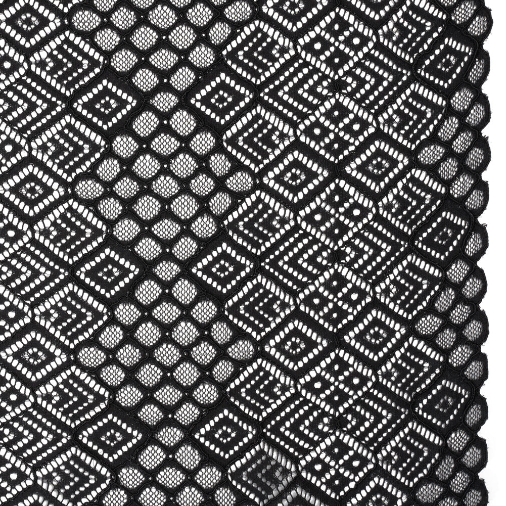 Corded Lace with Finished Edges - Black Decorated Diamond Stripes