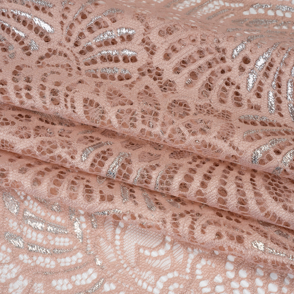 Metallic Raschel Lace Panel with Finished Edges - Blush and Silver Swirling Fans