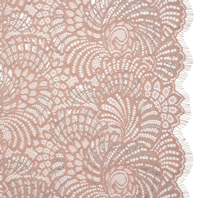 Metallic Raschel Lace Panel with Finished Edges - Blush and Silver Swirling Fans