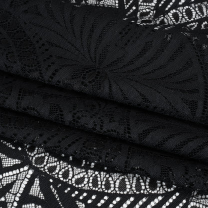 Luminous Raschel Lace Panel with Finished Edges - Black Fancy Floral Scallops